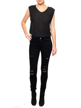 Frame Le Skinny de Jeanne Noir Jefferson Black Mid Rise Distressed Jeans Size 26
